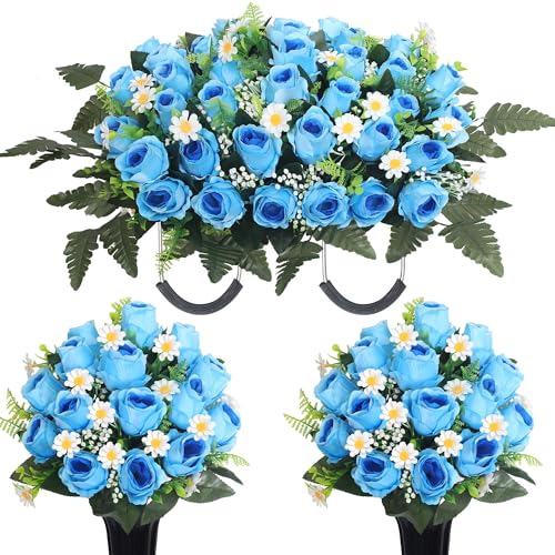 Wocst 3Sets Cemetery Decorations for Grave Large Headstone Flower Saddle Grave Silk Flowers with Vases for Outdoor Grave Decoration (Blue) - color: Blue, size: 2 Bouquet and 1 Saddle
