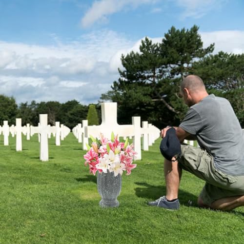Cemetery Vase, Plastic, Grave Decorations, Flower Holders with Metal Spikes&Drain Stopper, Gray - color: Gray