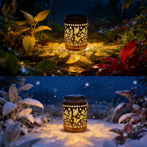 Lyeasw Garden Decor Butterfly Solar Lanterns Waterproof, Christmas Garden Gifts for Women Mom Grandma, Hanging Solar Lights for Outside, Metal Outdoor Decorations for Patio, Yard, Pathway(Bronze) - style: Butterfly