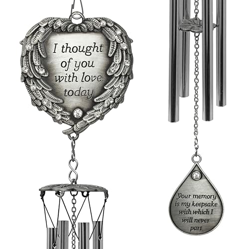 Memorial Wind Chimes Outdoor – Sympathy Gift Loss of Loved One – I Thought of You with Love Today Poem – Angel Wings Heart Teardrop Charm – in Loving Memory Wind Chime - 23 Inch