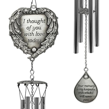 Memorial Wind Chimes Outdoor – Sympathy Gift Loss of Loved One – I Thought of You with Love Today Poem – Angel Wings Heart Teardrop Charm – in Loving Memory Wind Chime - 23 Inch