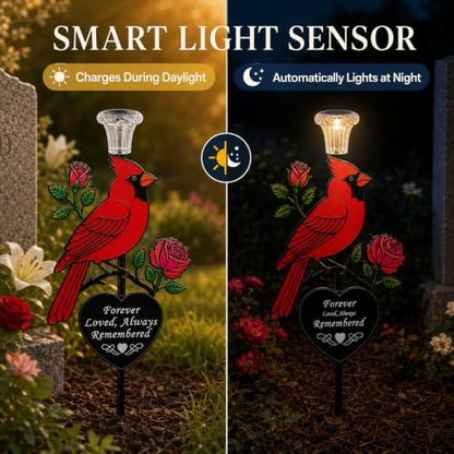 Solar Cardinal Memorial Garden Stake with 'Always Loved, Never Forgotten' Sentiment, Red Bird and Rose Design (Heart Shaped)