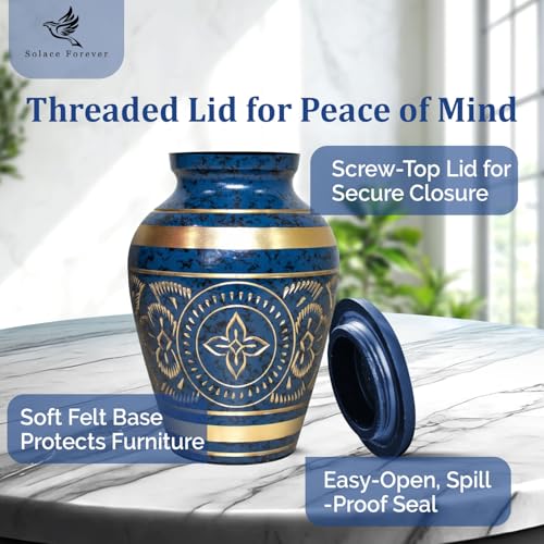 Small Urns for Human Ashes – Brass Hand-Engraved Funeral Keepsake with Elegant Blue Finish – Mini Cremation Memorial for Mom, Dad & Loved Ones - color: Blue