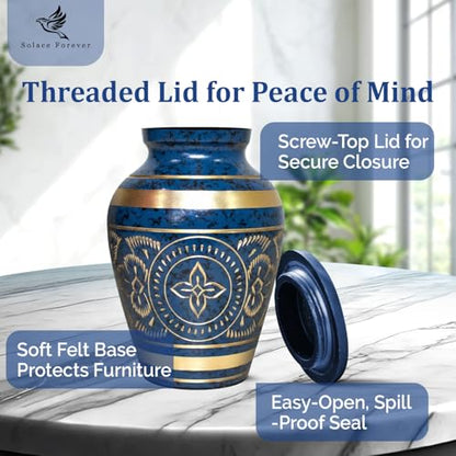 Small Urns for Human Ashes – Brass Hand-Engraved Funeral Keepsake with Elegant Blue Finish – Mini Cremation Memorial for Mom, Dad & Loved Ones - color: Blue