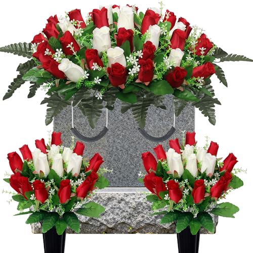 3 Pcs Artificial Cemetery Flower,Grave Flowers for Cemetery,Headstone Flower Saddle,Memorial Grave Flowers for Tombstone Decoration (Red White) - color: Red White