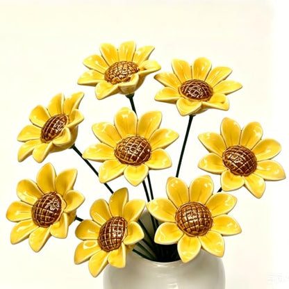 Yellow Glazed Ceramic Sunflowers for Pet Memorial Sympathy, Weatherproof Flowers with Metal Stems for Dog Cat Grave, Garden, Cemetery Decor, Eternal Remembrance Tribute, 8 Pcs, Vase Not Included