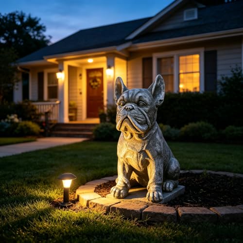 French Bulldog Statue, 15.75 in Weathered Gray Resin Dog Sculpture | Upright ears, defined facial folds, broad front paws; porch patio entryway accent, Frenchie lover and housewarming gift - color: French Bulldog