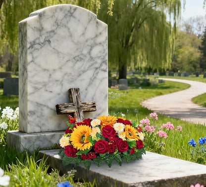 Artificial Headstone Flower Saddle,Cemetery Flowers,Memorial Flowers,Beautiful Arrangements-Silk Daisy Rose Sunflower Chrysanthemum