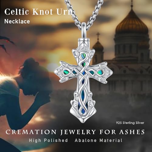 925 Sterling Silver Celtic Cross Urn Necklace for Ashes | Memorial Keepsake Cremation Catholic Jewelry for Men Women - color: silver-a