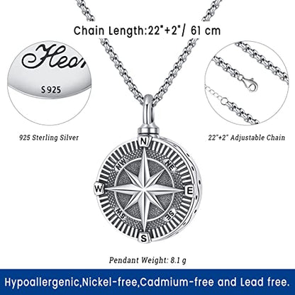 Compass Necklace for Women Men 925 Sterling Silver Pendant Urn Necklaces for Ashes Picture Locket Necklace Anchor Necklace Viking Necklace Crystals CZ Moonstone Abalone Shell Turquoise Compass Jewelry - color: T-L-Compass Urn Necklace, style: Urn Necklace