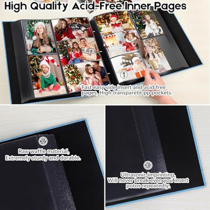 Aevdor Large Capacity 4x6 Photo Album, 1000 Photos, Linen Cover, Blue | Black Inner Pages, 3 Horizontal and 2 Vertical Pockets per Side, Front Photo Window, Family, Wedding & Travel Memories - color: Linen Blue