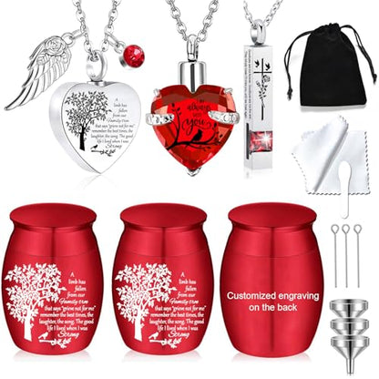 Cremation Urn Necklace for Ashes Set of 6- Small Cremation Urns for Human/Pet Ashes Keepsake Sharing Urns Memorial Ashes Holder-A Limb has Fallen from The Family Tree (6Pcs-Red Customized) - color: 6pcs-red Customized