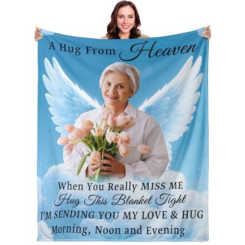 Custom Sympathy Blanket with Photo - Personalized Memorial Blanket for Departed Loss of Loved One in Loving Memory Bereavement Grief Gifts for Dad Mom Husband Wife Friend Women Men (Cloud and Wing)