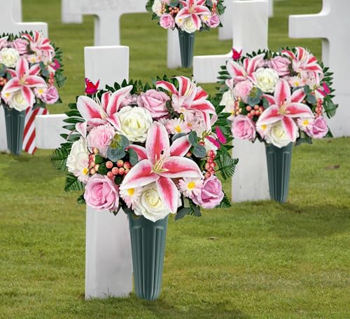 Artificial Cemetery Flowers,Memorial Flowers,Beautiful Arrangements for Headstones,Silk Lily Rose Berries Daisy