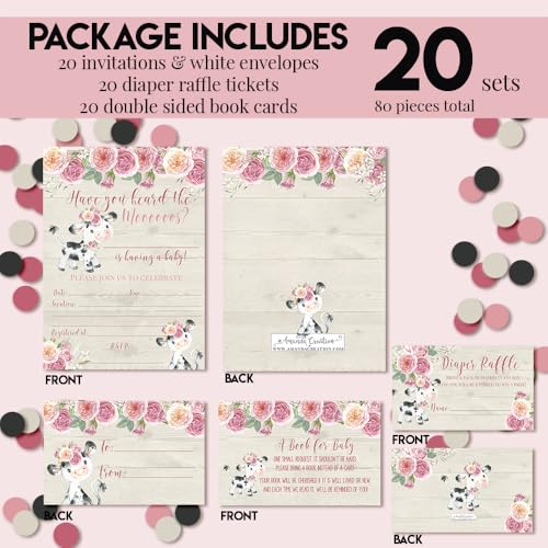 Baby Shower Invites for Girls – Watercolor Pink Floral Cow Baby Shower Invitation Bundle with Diaper Raffle Tickets, Book Request Cards & Envelopes. Set of 20 5X7 Pink Cow Invitation Kit Sets - style: Cow