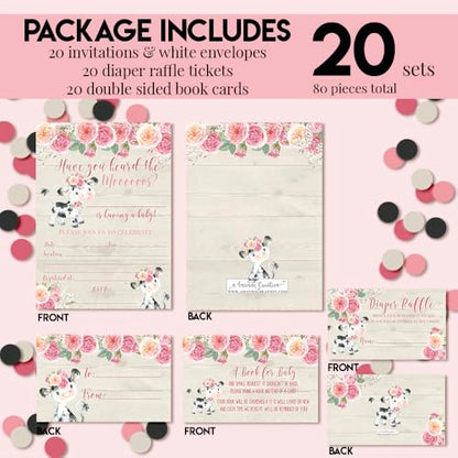 Baby Shower Invites for Girls – Watercolor Pink Floral Cow Baby Shower Invitation Bundle with Diaper Raffle Tickets, Book Request Cards & Envelopes. Set of 20 5X7 Pink Cow Invitation Kit Sets - style: Cow