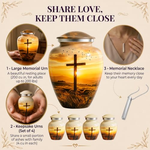Custom Engraved Plaque Serenity Sunset Cross Urn for Human Ashes Set of 6 Includes 1Large Funeral Urn for Adult Male & Female with 4 Small Keepsake Urn & 1 NecklaceUrn to Memory of Your Loved Ones - color: Serenity Cross Set - Plaque