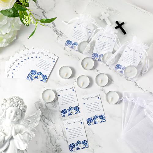 Coume 50 Set Funeral Party Favors Memorial White Candles Unscented Funeral Gifts Tealight Candles with Condolence Bereavement Cards, Organza Bags for Guest Celebration of Life Decorations (Melancholy) - style: Melancholy