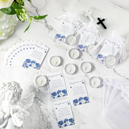 Coume 50 Set Funeral Party Favors Memorial White Candles Unscented Funeral Gifts Tealight Candles with Condolence Bereavement Cards, Organza Bags for Guest Celebration of Life Decorations (Melancholy) - style: Melancholy