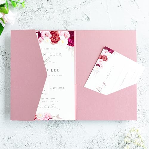 20 PCS Dusty Rose Tri-fold Laser Cut Wedding Invitation Pockets for 5x7 Wedding Cards Bridal Shower Engagement Quinceanera Invitation - color: Dusty Rose