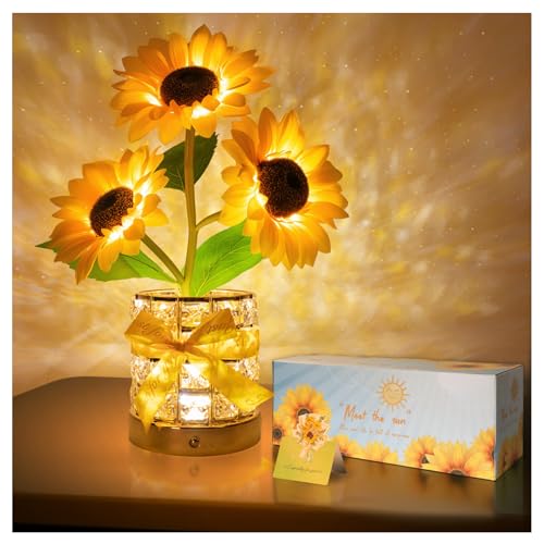 Sunflower LED Lamp,USB Rechargeable Touch Night Light, 3 Color Stepless Dimmable,Small Battery Flower Decor for Bedroom, Restaurant, Bar – Birthday, Mother’s Day,Wedding Gifts for Women,Mom - size: Crystal 3-Flower Model
