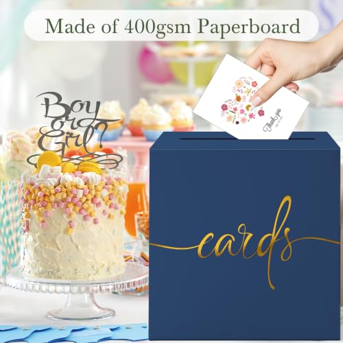 Navy Blue Wedding Card Box with Gold Foil Design, Paperboard 8.7" Card Box for Graduation Birthday Party Reception Retirement Anniversary Bridal & Baby Shower - color: Navy Blue Card Box with Gold Foil, size: 8.7×8.7×8.7Inch(1 Pack)