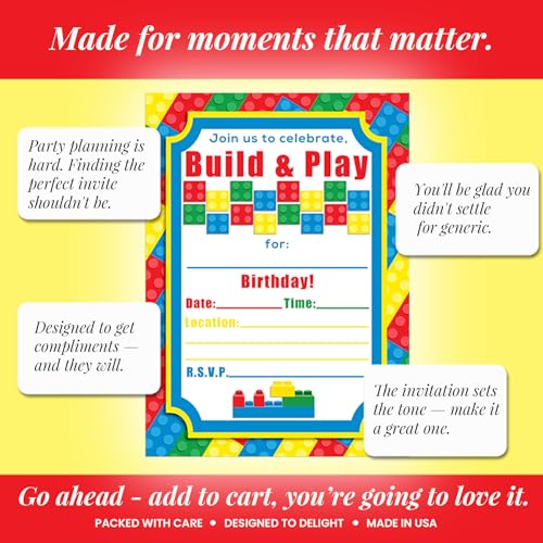 Building Blocks Birthday Party Invitations, 20 5x7 Fill In Cards with Twenty White Envelopes by AmandaCreation - color: Building Blocks