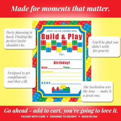 Building Blocks Birthday Party Invitations, 20 5x7 Fill In Cards with Twenty White Envelopes by AmandaCreation - color: Building Blocks