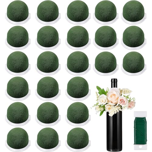 24 Pcs Mini Floral Foam Holder, Green Floral Foam for Wine Bottles | with Green Arrangement Wire, Arrangement Supplies for Table Wedding Wine Bottle Decor