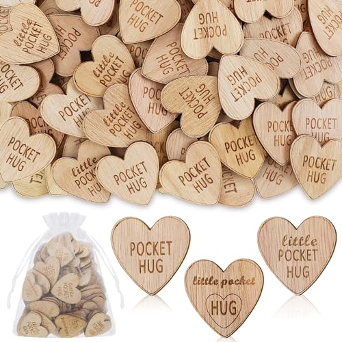 CroBlissful 150 Pcs Wooden Pocket Hug Token Bulk with 3 Pcs Organza Bags Remembrance Little Heart Star Round Pocket Hug Keepsake for Family Birthday Celebration of Life Funeral Love Gifts (Heart)