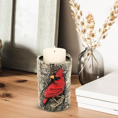 Cardinal Tealight Candle Holder, Faux Birch Resin Wood Decor, Rustic Votive Altar Centerpiece, Outdoor Garden or House Accent, Unique Bird Lover Unique Gifts for Women, Grandma & Mother in Law