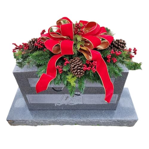 Headstone Saddle with Red Berries, Pinecones, and Red Velvet Ribbon - Christmas Memorial Decoration - Artificial Grave Flowers