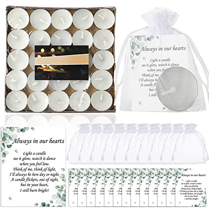 50 Set Funeral Party Favors Memorial White Candles Unscented Funeral Gifts Tealight Candles with Condolence Bereavement Cards and Organza Bags for Guest Celebration of Life Decorations (Artsy) - style: Artsy