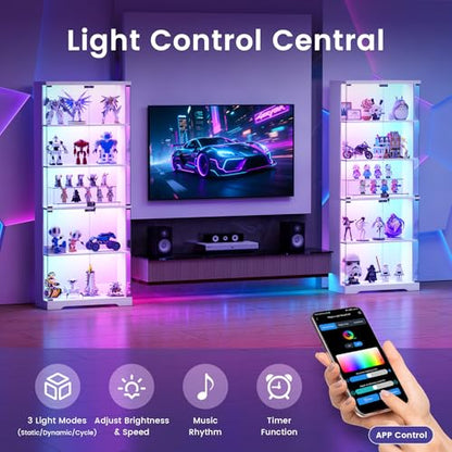 Dystler Glass Display Cabinet with Doors and RGB LED Lights | 69" Tall Curio Cabinet, 5-Tier Wooden Shelves, Lockable Display Case, Motion Sensor, for Collectibles, Living Room, White - color: White