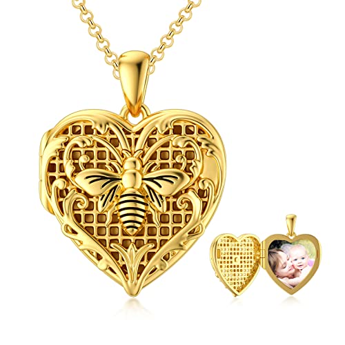 SOULMEET 10K 14K 18K Solid Gold Personalized Sunflower/Starburst/Cross/Rose/Lotus/Butterfly/Turtle/Celtic/Bee Heart Locket Necklace That Holds Picture Gift Choice - style: M-Solid gold bee locket+photo