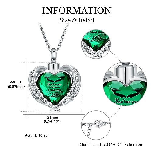 shajwo Angel Wing Heart Urn Ashes Necklace for Women Men | Cremation Jewelry,Birthstone Necklace of Loved One,Memorial Pendant for Human Pet - color: Silver-Green