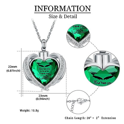 shajwo Angel Wing Heart Urn Ashes Necklace for Women Men | Cremation Jewelry,Birthstone Necklace of Loved One,Memorial Pendant for Human Pet - color: Silver-Green
