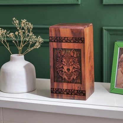 Wolf Wooden Box Urn - Wooden Urns for Human Ashes Adult - Sophisticated Adult - Male Ashes Wooden - Urn with Engraved Wolf - Design for Memorials - Large Urn for Ashes, 11.25x6.25INCH | Funeral Wood Container, Decorative Urns for Human Ashes, Elegant Home