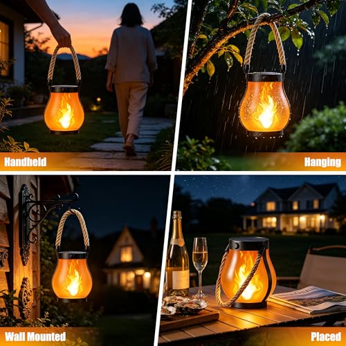 Solar Lanterns Outdoor Waterproof,2 Pack Flickering Flame Hanging Lanterns | 2 Modes Dual Charging Solar & USB for Garden Yard Patio Porch Tree Decor