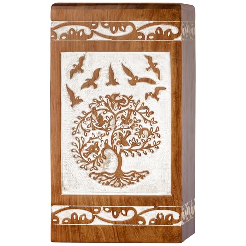 Tree of Life Wooden Keepsake Urn for Human Ashes, 20 cu in, White - color: Antique White Tree and Birds, size: Keepsake (20 lbs)