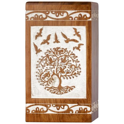 Tree of Life Wooden Keepsake Urn for Human Ashes, 20 cu in, White - color: Antique White Tree and Birds, size: Keepsake (20 lbs)