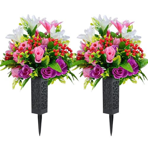 Set of 2 Artificial Cemetery Flowers, Artificial Rose Lily Grave Memorial Flowers with Black Plastic Vase for Cemetery Headstones Gravesite Decoration