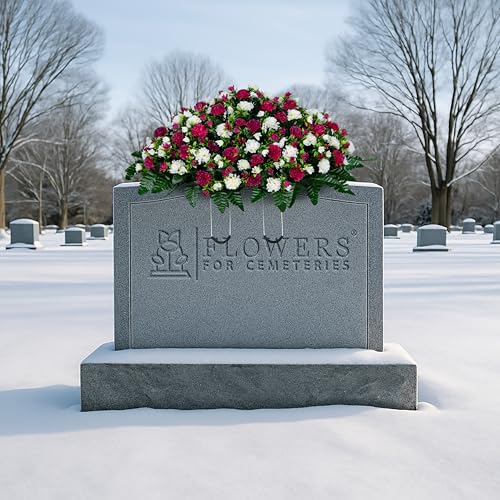 Artificial Cemetery Flowers - Gravesite Memorial Arrangment - Beauty & Cream Garden Mums - (1) Headstone Saddle - color: Beauty & Cream, size: (1) Saddle