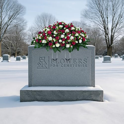Artificial Cemetery Flowers - Gravesite Memorial Arrangment - Beauty & Cream Garden Mums - (1) Headstone Saddle - color: Beauty & Cream, size: (1) Saddle