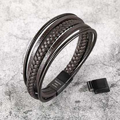 Mens Leather Bracelet with Clasp Cowhide Multi-Layer Braided Leather Mens Bracelet - style: brown leather&black clasp&7.3