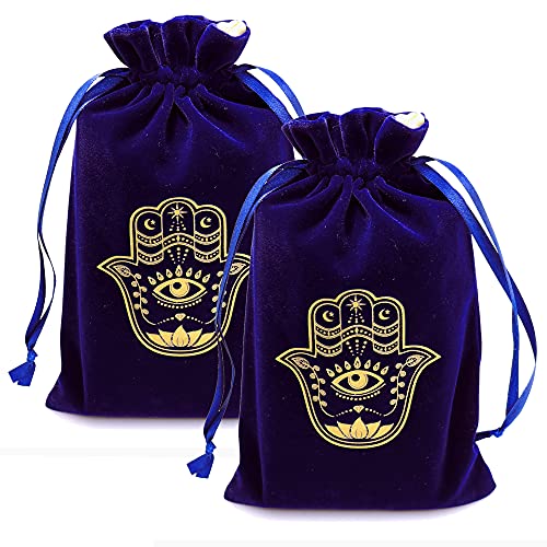 ARTSY CRAFTS 6x9" Hamsa Hand Velvet Jewelry Pouch Gift Bags, Fatima Hand Evil Eye Velvet Drawstring Oracle Tarot Card Rune bags Dice Bag (2pk Royal Blue) - color: 2pk Royal Blue