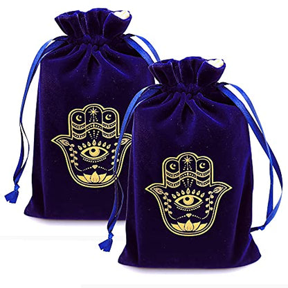 ARTSY CRAFTS 6x9" Hamsa Hand Velvet Jewelry Pouch Gift Bags, Fatima Hand Evil Eye Velvet Drawstring Oracle Tarot Card Rune bags Dice Bag (2pk Royal Blue) - color: 2pk Royal Blue