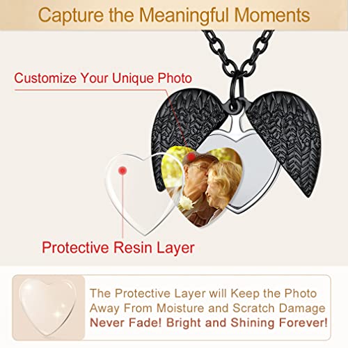 Custom4U Personalized Heart Locket Necklace with Pictures,Sunflower/Angel Wings/Heart Shaped Lockets Custom Photo,Gold/Rose Gold/White Lockets That Holds Picture,Customized Memorial Jewelry for Women - color: C-Angel Wings-Black(Locket + Photo + Engraving