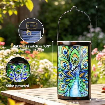 MUMTOP Peacock Glass Solar Lantern Waterproof Outdoor Hanging Garden Light - color: Teal