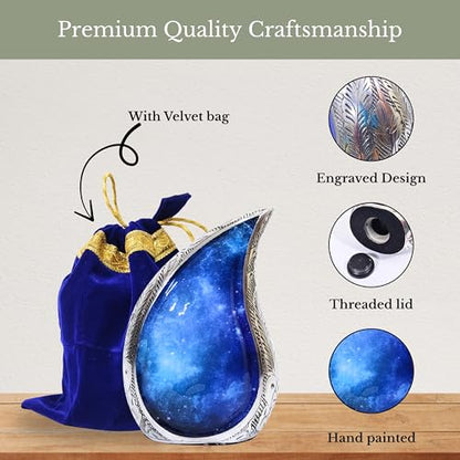 NORSE'S TRADECRAFT Teardrop Urn for Ashes Adult Male & Female with Blue Cosmic Swirl Design | Handcrafted Metal Cremation Urn with Velvet Bag | Memorial Gifts for Funeral - 60 cu in